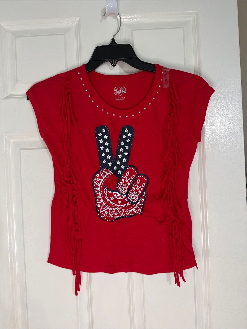 Justice Red Short-Sleeve Tee with Fringe and Stars Peace Sign